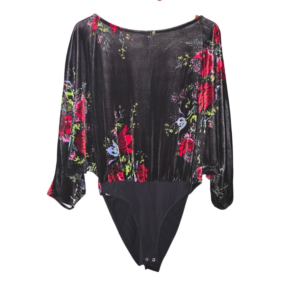 Free People Bodysuit Womens‎ Small Black Floral Velvet Dolman Sleeve OB715858